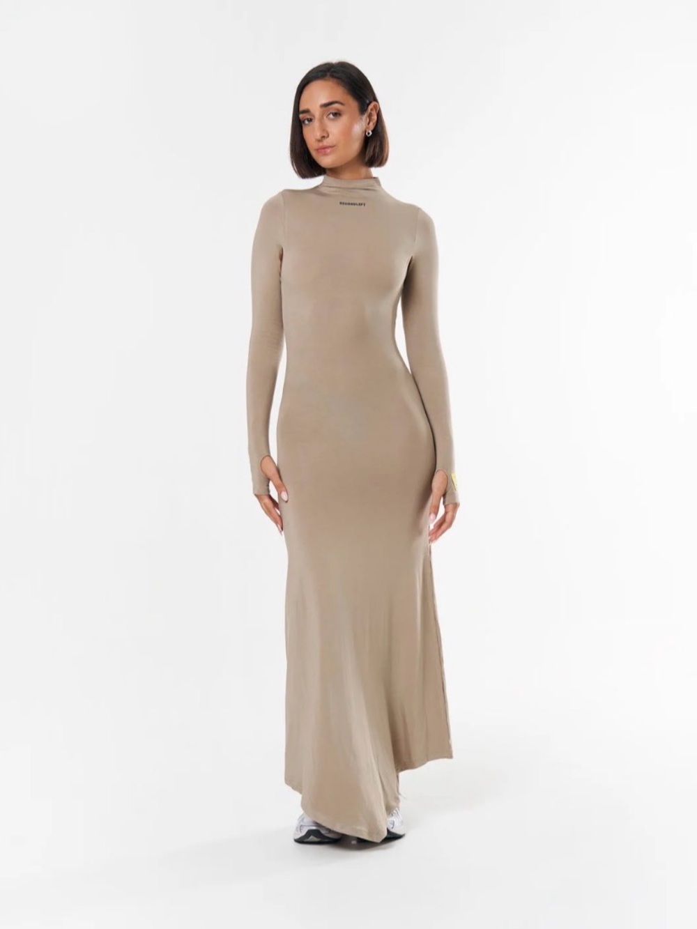 Long-Sleeve Maxi Dress in Taupe — Sleek Minimalist Silhouette